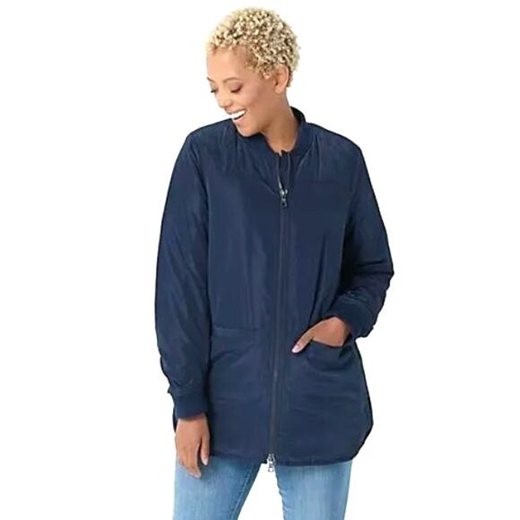 2X Logo Puffer Coat Quilted Jacket Lori Goldstein Navy Blue Midi Zip Front Lined - Picture 1 of 16